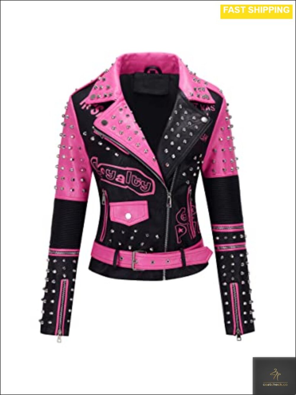 Women's Faux Leather Studded Moto Jacket Belted Streetwear